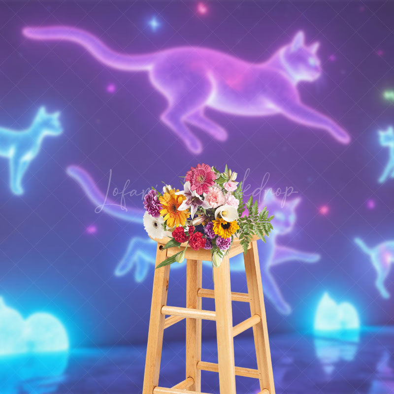 Lofaris Dynamic Neon Cats Flying Night Sky Stars Backdrop