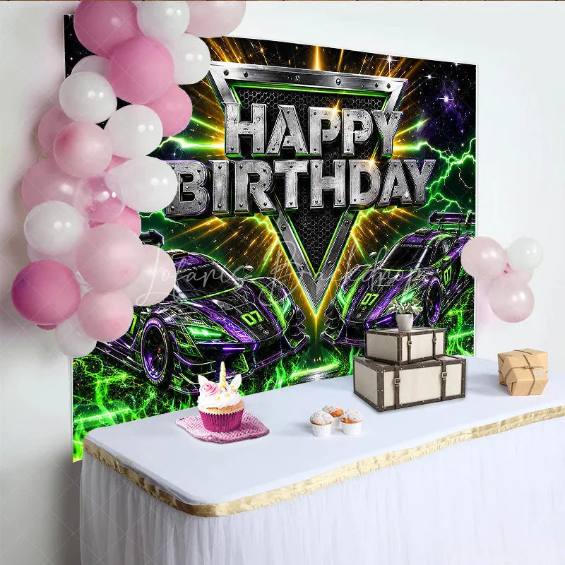 Lofaris Dynamic Racing Car Birthday Backdrop with Green and Purple Neon Lightning Futuristic Party Decor