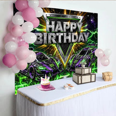Lofaris Dynamic Racing Car Birthday Backdrop with Green and Purple Neon Lightning Futuristic Party Decor