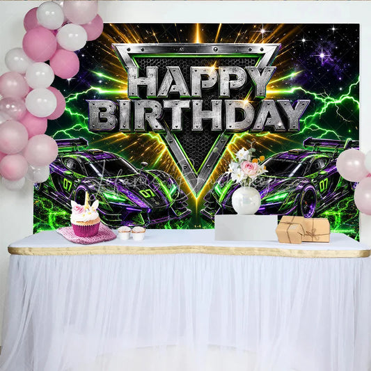 Lofaris Dynamic Racing Car Birthday Backdrop with Green and Purple Neon Lightning Futuristic Party Decor