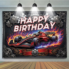 Lofaris Dynamic Red Racing Car Birthday Backdrop with Checkered Flags and Gears Happy Party Decor