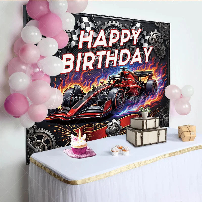 Lofaris Dynamic Red Racing Car Birthday Backdrop with Checkered Flags and Gears Happy Party Decor