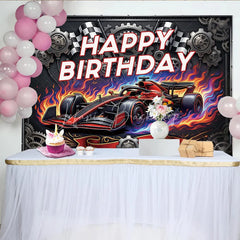 Lofaris Dynamic Red Racing Car Birthday Backdrop with Checkered Flags and Gears Happy Party Decor