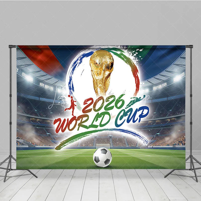 Lofaris Dynamic Soccer Stadium Holiday Backdrop featuring a Golden Championship Trophy and Football Ball for Sports Party Celebration