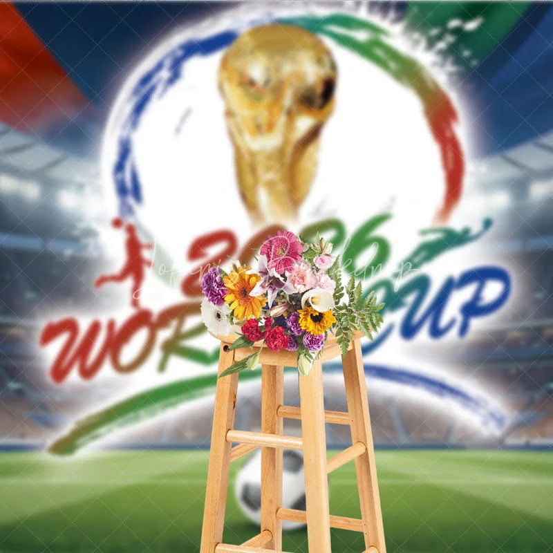 Lofaris Dynamic Soccer Stadium Holiday Backdrop featuring a Golden Championship Trophy and Football Ball for Sports Party Celebration