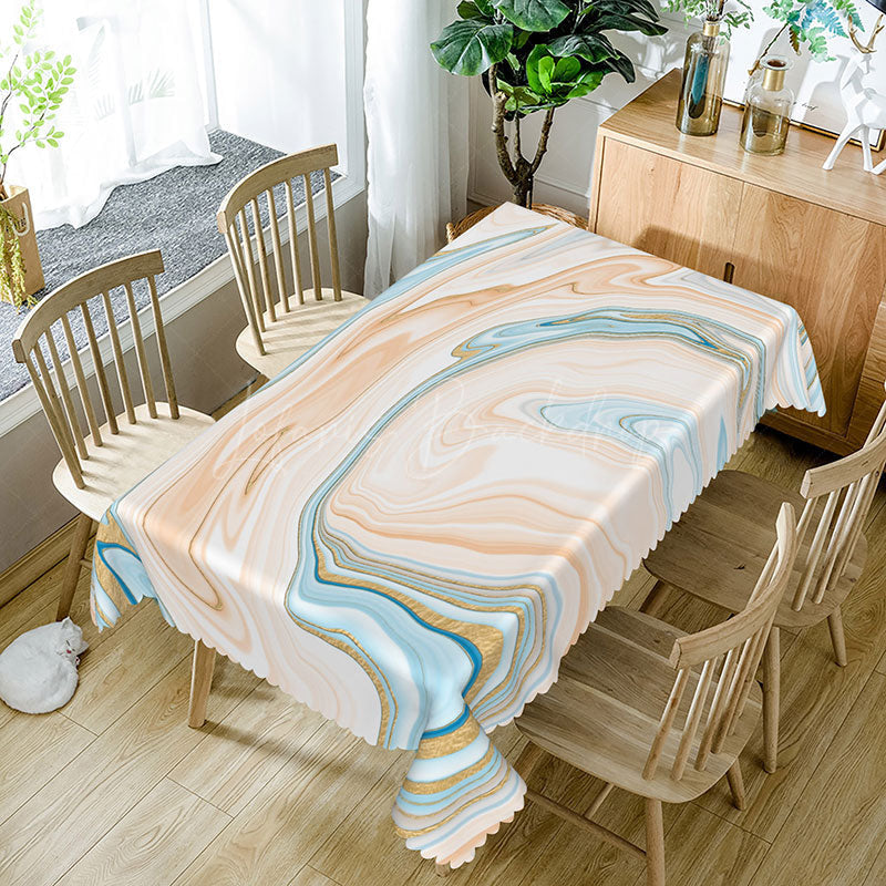 Lofaris Earth Tone Abstract Rectangle Tablecloth with Blue and Beige Gradient for Modern Coastal Dining Decor