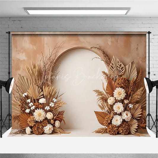 Lofaris Earthy Toned Arched Photography Backdrop with Dried Pampas Grass Wheat and Cream Floral Decor Baby Shower