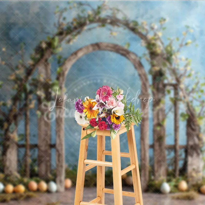 Lofaris Easter Arch Backdrop Rustic Spring Floral Wood Gate and Colorful Eggs Garden Photography Background
