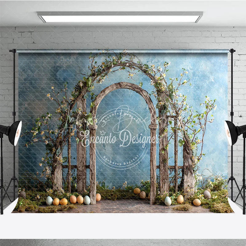 Lofaris Easter Arch Backdrop Rustic Spring Floral Wood Gate and Colorful Eggs Garden Photography Background