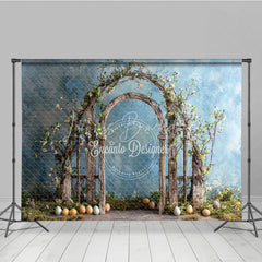 Lofaris Easter Arch Backdrop Rustic Spring Floral Wood Gate and Colorful Eggs Garden Photography Background