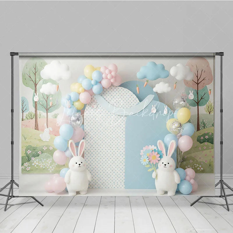 Lofaris Easter Bunny and Hanging Carrots Backdrop Spring Woodland Garden Balloon Arch for Cake Smash Photo