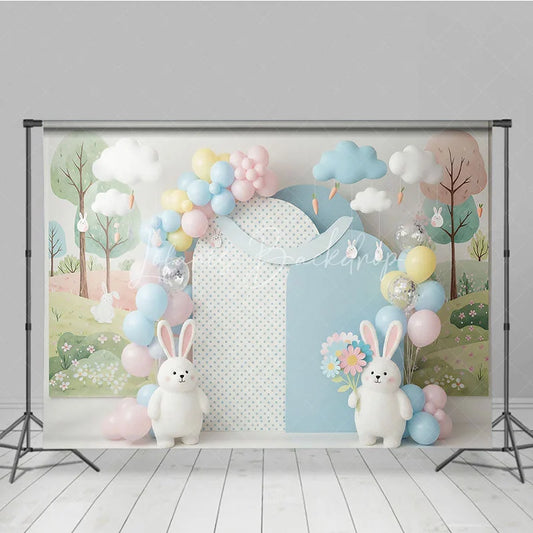 Lofaris Easter Bunny and Hanging Carrots Backdrop Spring Woodland Garden Balloon Arch for Cake Smash Photo