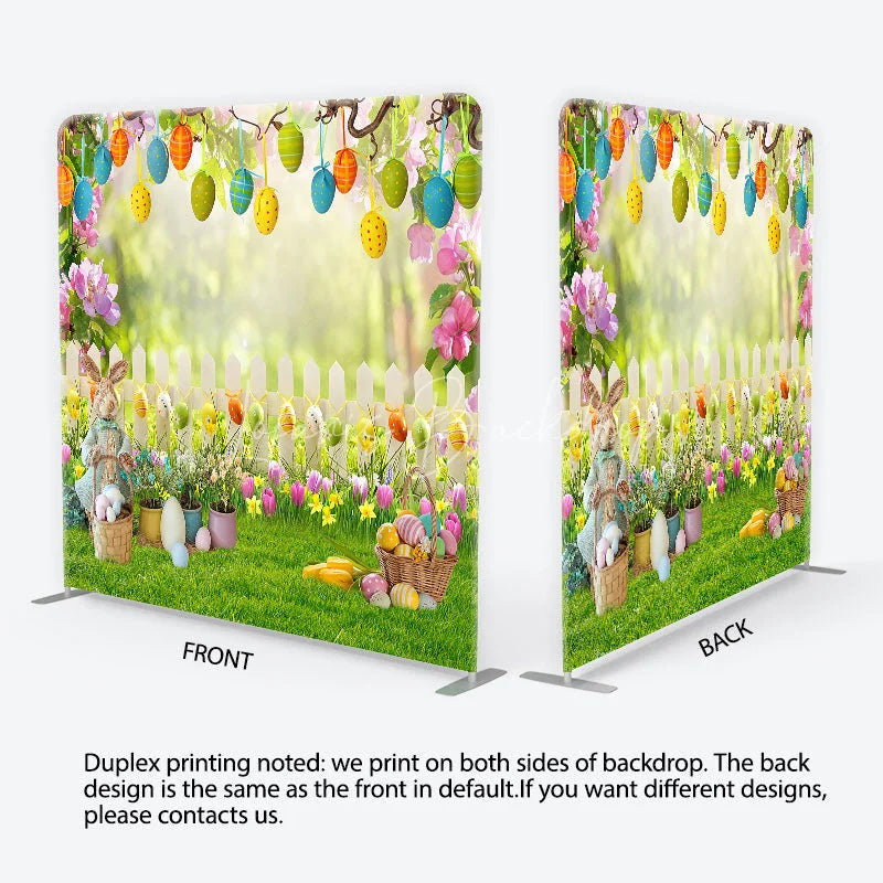 Lofaris Easter Bunny and Hanging Eggs Garden Backdrop White Fence Spring Floral Decor Tension Fabric