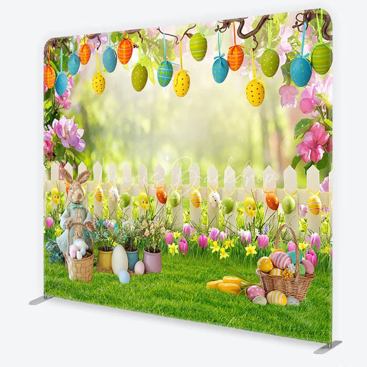 Lofaris Easter Bunny and Hanging Eggs Garden Backdrop White Fence Spring Floral Decor Tension Fabric