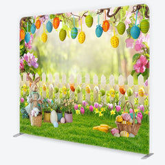 Lofaris Easter Bunny and Hanging Eggs Garden Backdrop White Fence Spring Floral Decor Tension Fabric