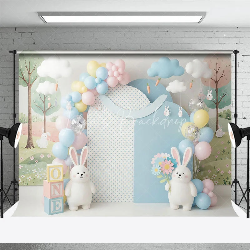 Lofaris Easter Bunny and Pastel Balloon Backdrop Cute Rabbit Spring Flowers Clouds Photo Background for Kids Birthday