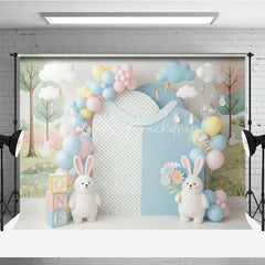 Lofaris Easter Bunny and Pastel Balloon Backdrop Cute Rabbit Spring Flowers Clouds Photo Background for Kids Birthday