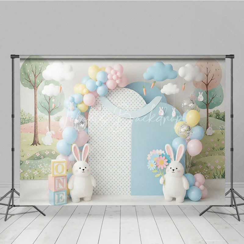 Lofaris Easter Bunny and Pastel Balloon Backdrop Cute Rabbit Spring Flowers Clouds Photo Background for Kids Birthday