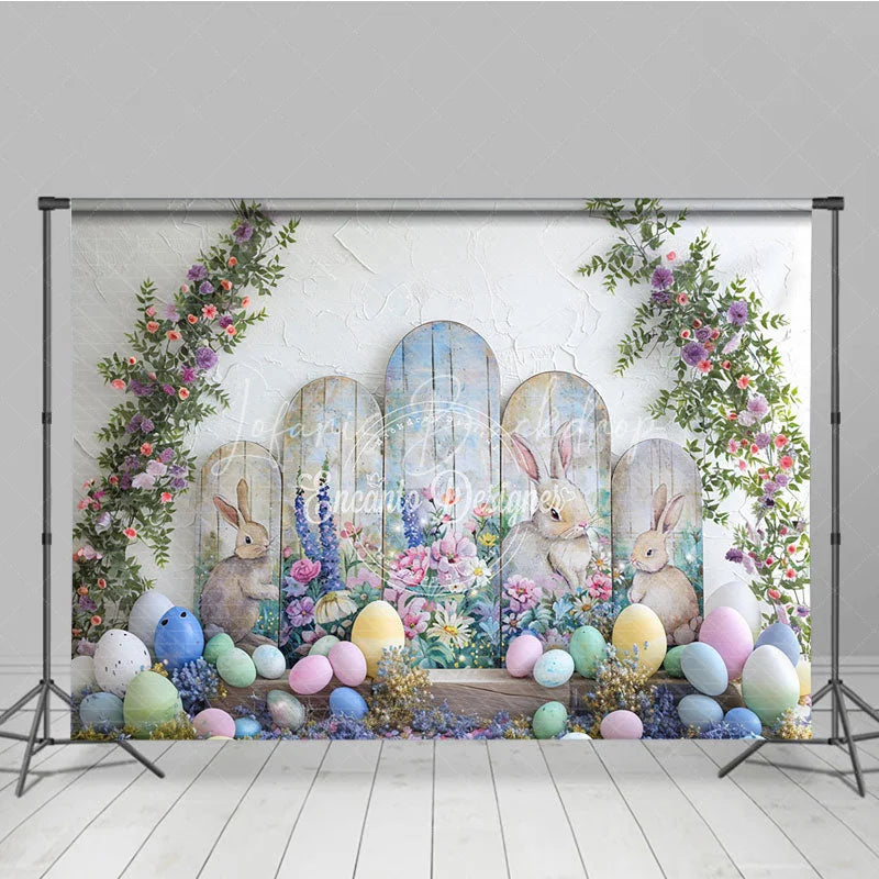 Lofaris Easter Bunny and Pastel Eggs Arch Backdrop Spring Floral Garden Party Decoration for Kids Photography