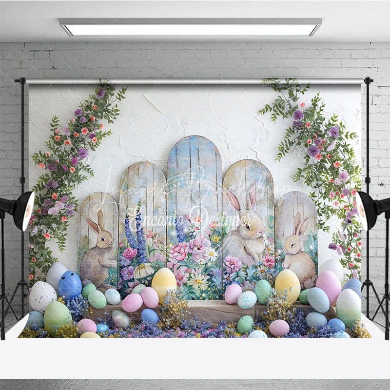 Lofaris Easter Bunny and Pastel Eggs Arch Backdrop Spring Floral Garden Party Decoration for Kids Photography