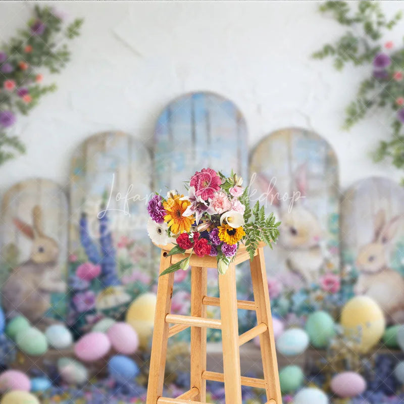 Lofaris Easter Bunny and Pastel Eggs Arch Backdrop Spring Floral Garden Party Decoration for Kids Photography