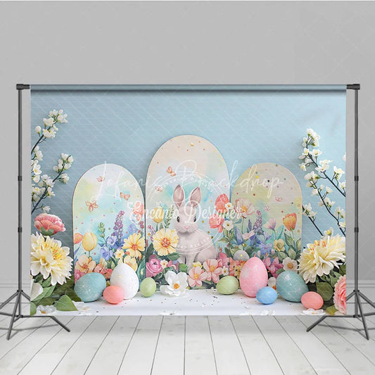 Lofaris Easter Bunny Arched Panels Backdrop Spring Floral Garden and Pastel Eggs Party Decoration