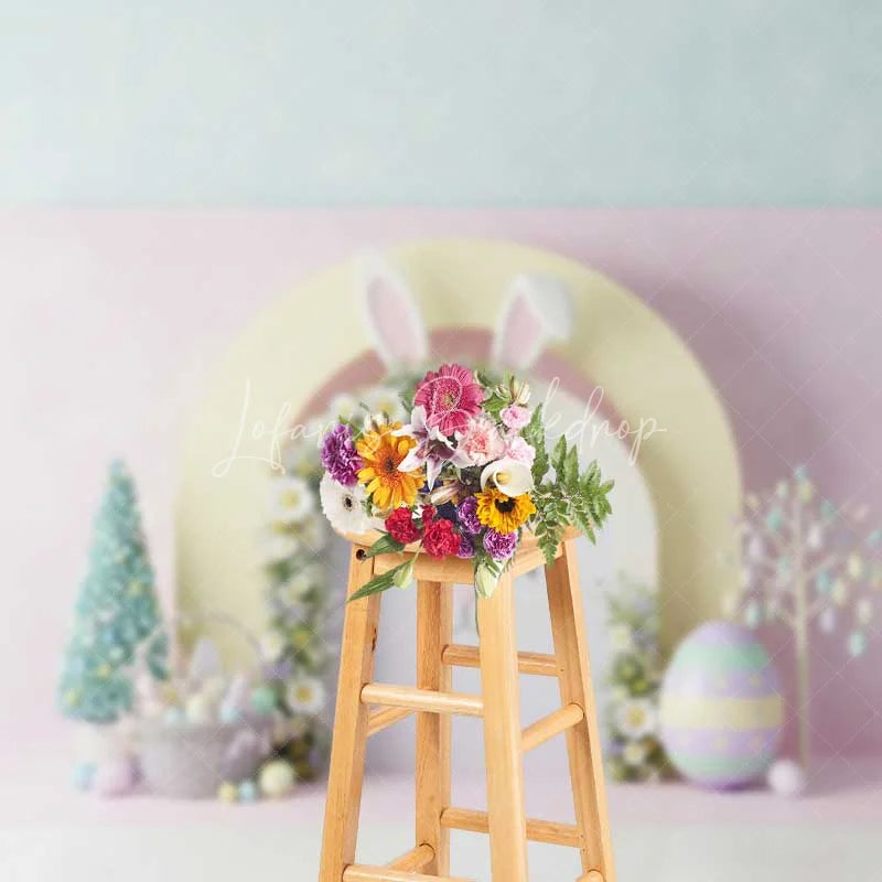 Lofaris Easter Bunny Face Backdrop Pink Floral Arch Ears Background Spring Pastel Eggs Baby Shower Birthday Party Prop