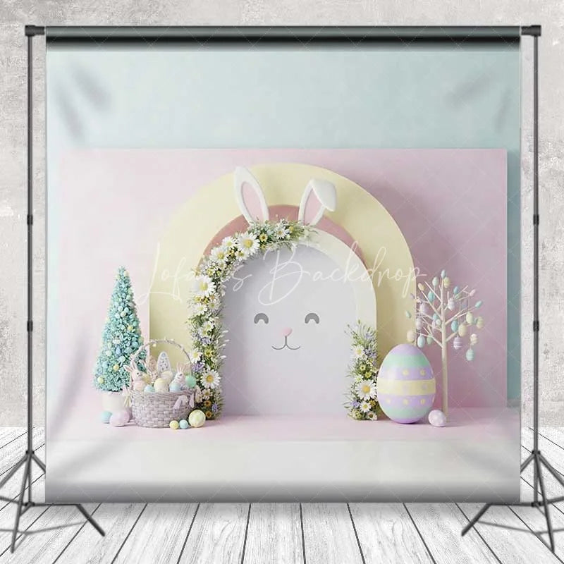 Lofaris Easter Bunny Face Backdrop Pink Floral Arch Ears Background Spring Pastel Eggs Baby Shower Birthday Party Prop