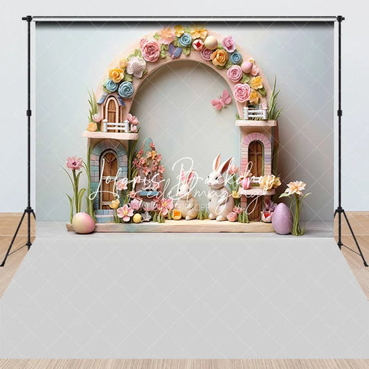 Lofaris Easter Bunny Floral Arch Combo Set Backdrop Pastel Spring Eggs and Whimsical Fairy House Party Decor