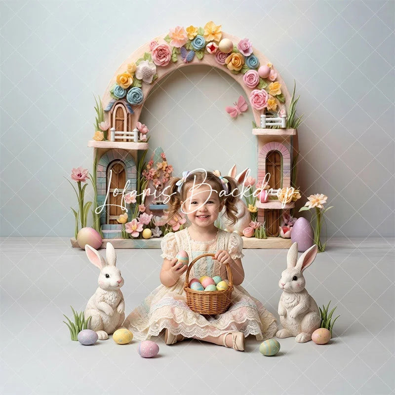 Lofaris Easter Bunny Floral Arch Combo Set Backdrop Pastel Spring Eggs and Whimsical Fairy House Party Decor