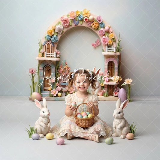 Lofaris Easter Bunny Floral Arch Combo Set Backdrop Pastel Spring Eggs and Whimsical Fairy House Party Decor