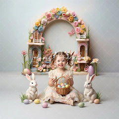 Lofaris Easter Bunny Floral Arch Combo Set Backdrop Pastel Spring Eggs and Whimsical Fairy House Party Decor