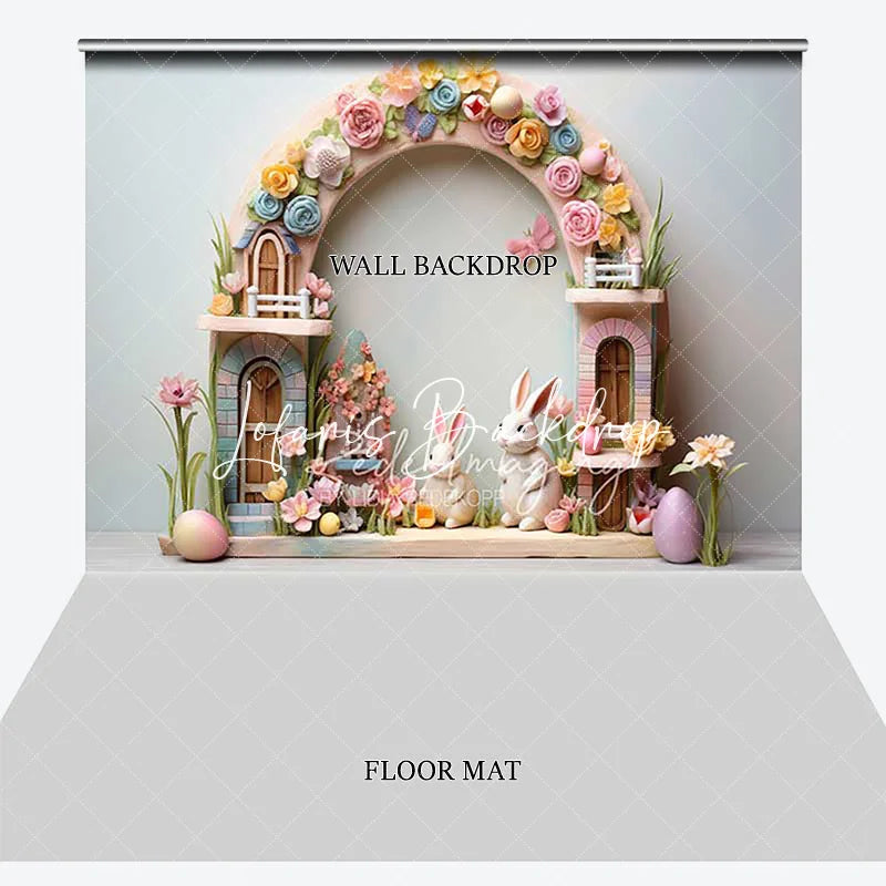 Lofaris Easter Bunny Floral Arch Combo Set Backdrop Pastel Spring Eggs and Whimsical Fairy House Party Decor