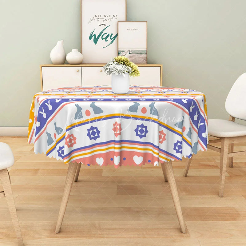 Lofaris Easter Bunny Geometric Print Round Tablecloth Colorful Folk Art Stripe Spring Holiday Dining Decor