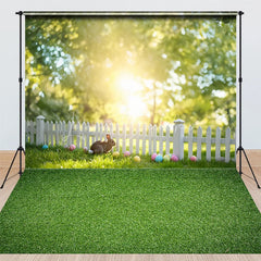 Lofaris Easter Bunny Grass Combo Set Backdrop Spring Sunlight and Picket Fence Party Background