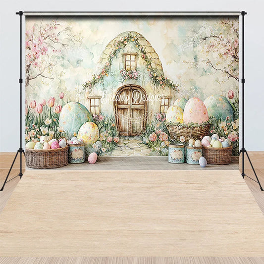 Lofaris Easter Bunny House Combo Set Backdrop Pastel Spring Floral and Eggs Party Background for Kids