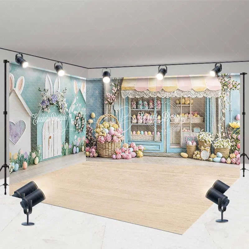 Lofaris Easter Bunny House Room Set Backdrop Spring Pastel Flower Shop Wood Floor Photography Studio Prop