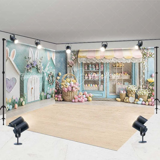 Lofaris Easter Bunny House Room Set Backdrop Spring Pastel Flower Shop Wood Floor Photography Studio Prop