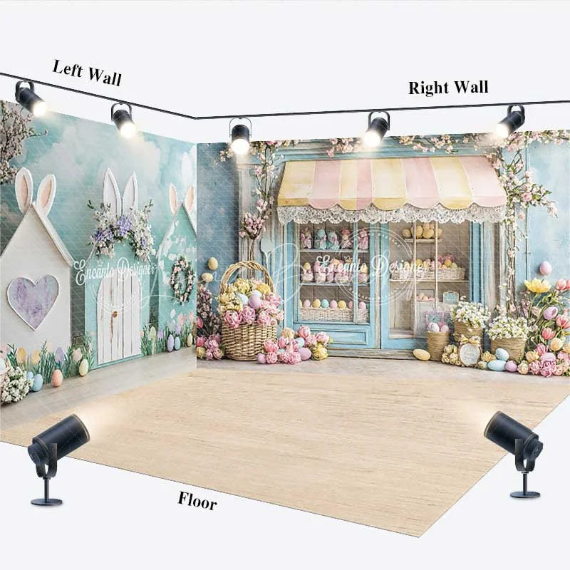 Lofaris Easter Bunny House Room Set Backdrop Spring Pastel Flower Shop Wood Floor Photography Studio Prop