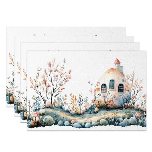 Lofaris Easter Bunny House Set of 4 Placemats Watercolor Egg Cottage Spring Garden Holiday Table Mats