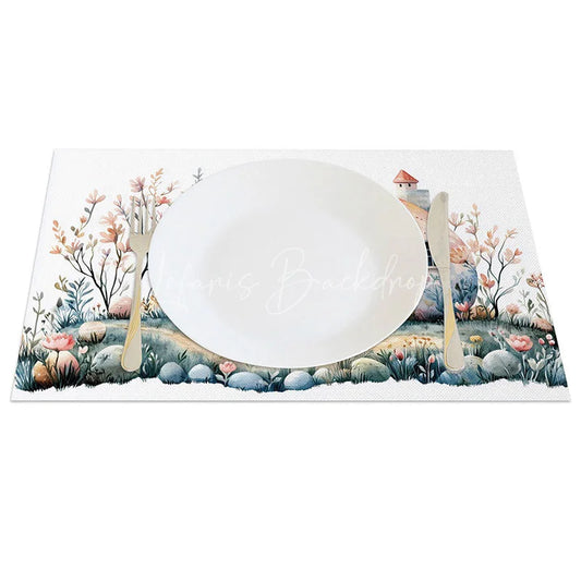 Lofaris Easter Bunny House Set of 4 Placemats Watercolor Egg Cottage Spring Garden Holiday Table Mats