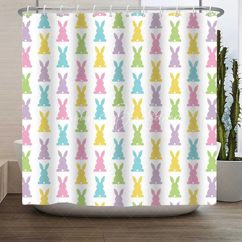 Lofaris Easter Bunny Pattern Shower Curtain Pastel Colorful Rabbit Silhouette Bathroom Decoration Simple Spring Holiday Bath Set