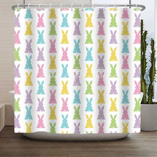 Lofaris Easter Bunny Pattern Shower Curtain Pastel Colorful Rabbit Silhouette Bathroom Decoration Simple Spring Holiday Bath Set