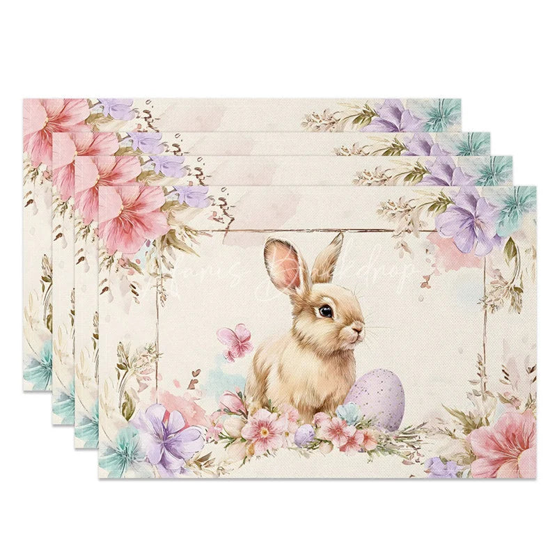 Lofaris Easter Bunny Purple Egg Set of 4 Placemats Pink Floral Rabbit Table Mats for Spring Holiday