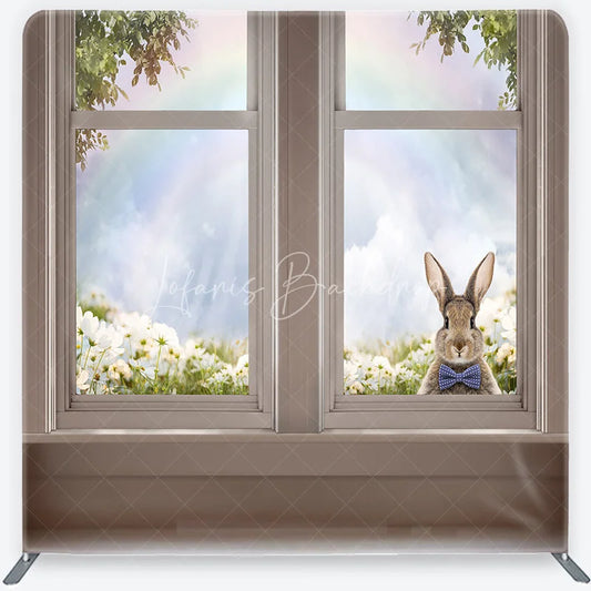 Lofaris Easter Bunny Tension Fabric Backdrop Spring Flowers and Rainbow Window View Background