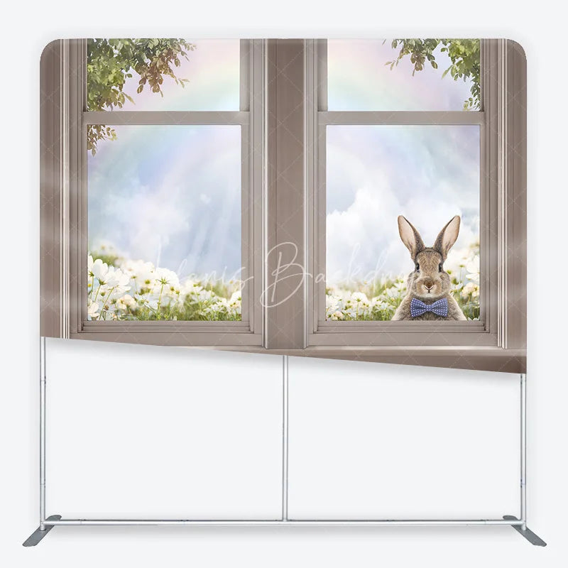 Lofaris Easter Bunny Tension Fabric Backdrop Spring Flowers and Rainbow Window View Background