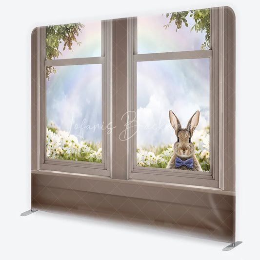 Lofaris Easter Bunny Tension Fabric Backdrop Spring Flowers and Rainbow Window View Background