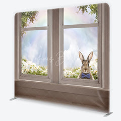 Lofaris Easter Bunny Tension Fabric Backdrop Spring Flowers and Rainbow Window View Background