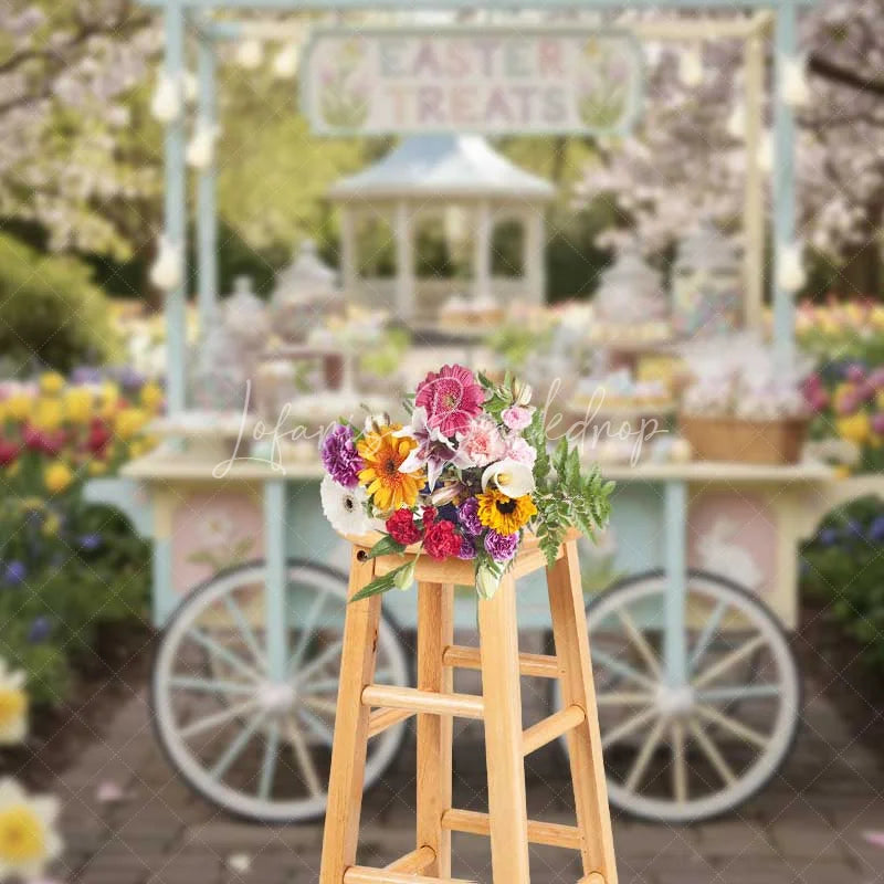 Lofaris Easter Candy Cart Backdrop Spring Garden Sweet Station Background Floral Tulip Treat Wagon Birthday Party Prop