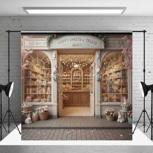 Lofaris Easter Candy Shop Backdrop Hoppy Sweets Storefront Background Spring Floral Bunny Bakery Birthday Party Prop